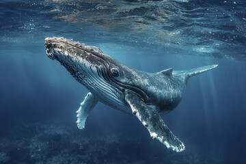 Fototapeta premium Humpback whale underwater close up with barnacles on its head and fins swimming in deep blue ocean water with sunlight rays penetrating surface creating serene marine scene