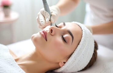 Cosmetologist uses device for facial treatment on woman. Pro skincare procedure in beauty salon. Client receives dermabrasion for skin rejuvenation and acne control.