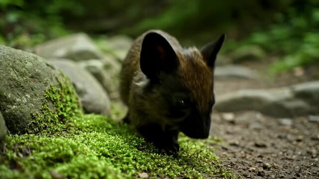 Brown bat standing on mossy ground in forest.
