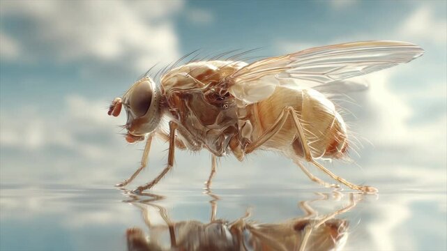 Detailed macro of a golden fly, wings extended, on a reflective surface against a sky