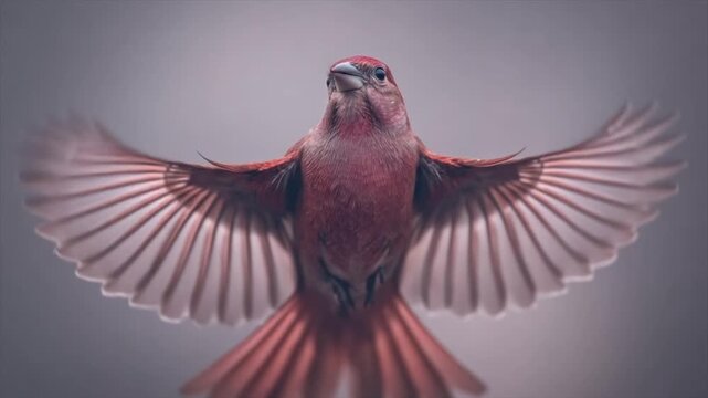 A close-up of a red bird with outstretched wings against a neutral gray background