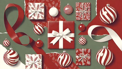 Obraz premium Artistic Christmas collage with red gifts striped ornaments and ribbon