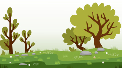 Fototapeta premium beautiful landscape garden with green grass trees and grey rocks under sky