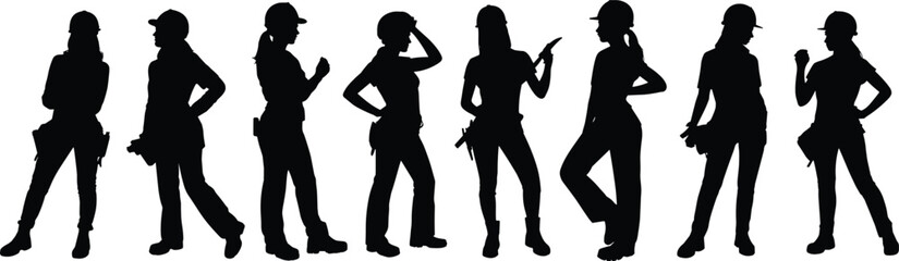 Female construction worker silhouettes in dynamic standing poses wearing safety helmets, professional women labor team, black vector illustration isolated on white background