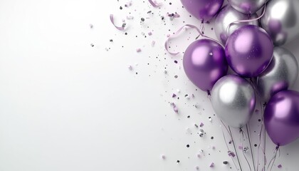 Fototapeta premium Shiny purple and silver balloons float with confetti and ribbons on white. Festive decoration for anniversary birthday or special event celebration. Glamorous air balls for party decor.