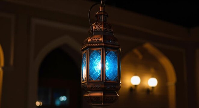 cinematic traditional fanous lantern with copper finish and blue glass glowing in a courtyard perfect for eid mubarak and ramadan