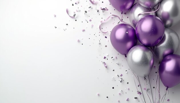 Shiny purple and silver balloons float with confetti and ribbons on white. Festive decoration for anniversary birthday or special event celebration. Glamorous air balls for party decor.