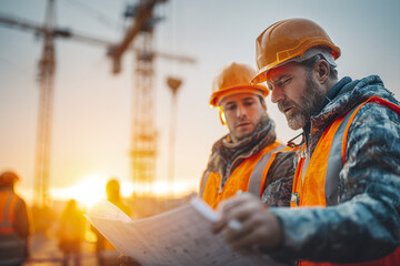 Construction engineers wearing hard hats and reflective vests reviewing blueprints at construction site during sunset, showing focus and teamwork in industrial environment
