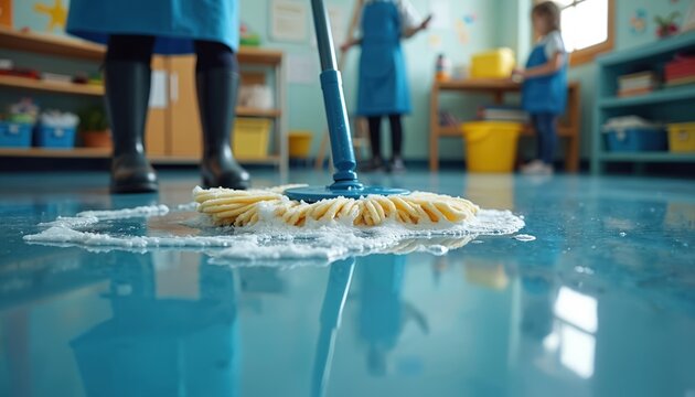 Cleaner wearing blue apron and boots mops soapy wet floor in classroom. Kids in aprons help clean school premises. Maintenance crew tidies up educational space.