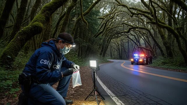 Crime Scene Investigator Examining Evidence At Forest Road Lit By Spotlight With Patrol Cars Officers In The Background For Legal Investigative Use