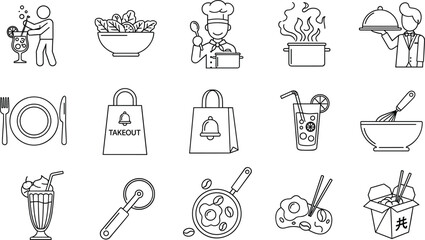 Fototapeta premium Professional restaurant and catering line icon set featuring chef, waiter, and food delivery bag.