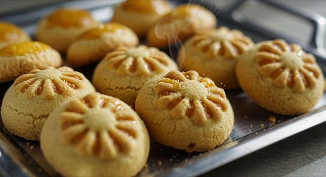 extreme close up of a silver tray with traditional indonesian nastar and klepon cookies in soft morning light
