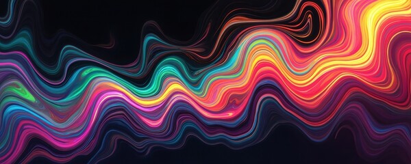 Fototapeta premium Abstract wavy lines in bright neon colors. This vibrant psychedelic pattern flows on black background. Colorful swirls create a mesmerizing visual effect for digital design.