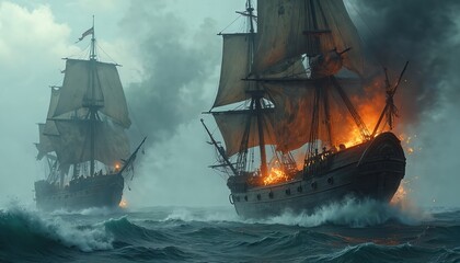 Obraz premium Pirate galleon burns at sea during naval battle. Another ship approaches in stormy weather. Ocean waves crash against burning vessel. Naval combat in rough seas.