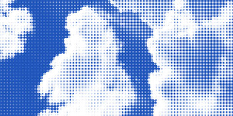 Fototapeta premium Blue sky background with white halftone clouds vector overlay texture.