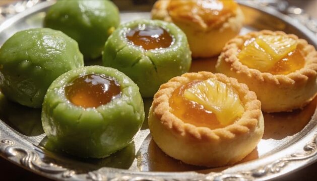 extreme close up of a silver tray with traditional indonesian nastar and klepon cookies in soft morning light