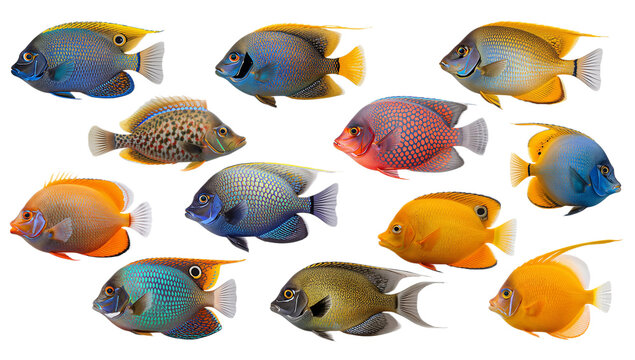 A vibrant collection of diverse tropical fish species, showcasing their stunning colors and unique patterns, isolated on a pure white background for marine life studies