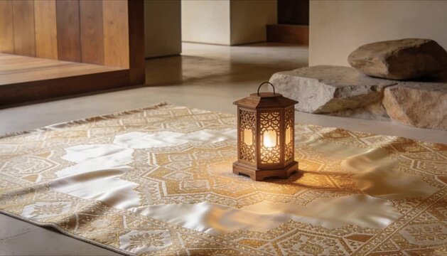 high end minimalist interior with a batik patterned silk rug and modern wooden lantern