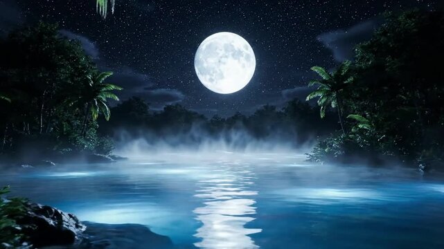 Serene Night Scene with Full Moon over Tranquil Water and Lush Greenery.