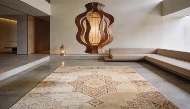 high end minimalist interior with a batik patterned silk rug and modern wooden lantern