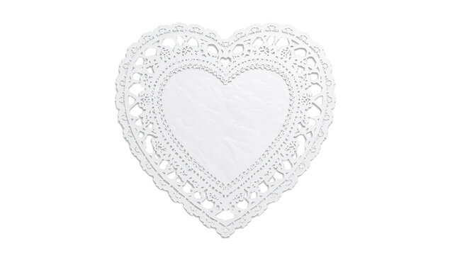 A delicate white heart-shaped doily with intricate lace-like patterns, perfect for decorative purposes and crafts