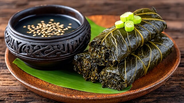 Traditional Georgian dish: Tolma served with homemade sauce featuring unique cultural presentation