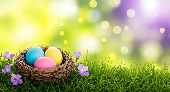 Easter eggs in a nest on green grass with purple and yellow background