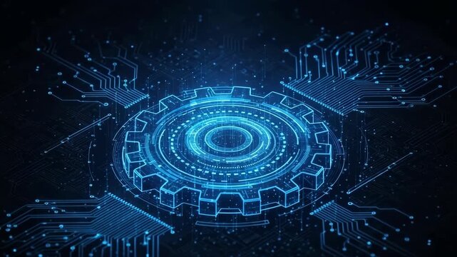 Glowing Digital Circuit Board Gear In Dark Space Transmitting Data Technology Communication Connections For Tech-related Design Website Backgrounds
