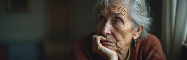 Elderly woman sits by window looking out with sad, thoughtful expression. Her face shows deep wrinkles, grey hair. Represents loneliness, reflection, aging, and memory.