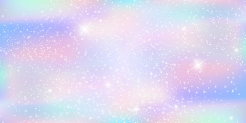 Unicorn magical bokeh background with pastel rainbow gradient and sparkling stars for fantasy design. Soft pink, purple and blue colors with glowing light effects. Dreamy fairy tale atmosphere.