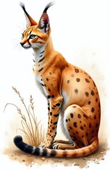 Obraz premium Serval cat illustration in watercolor style. Spotted feline sits on dry grass. Elegant wild animal portrait with green eyes and tufted ears. African wildlife art with painterly effect.