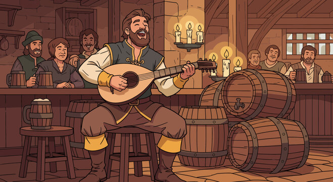 Bard serenading patrons in a medieval tavern with his lute.