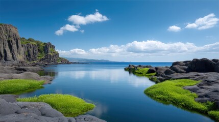 Obraz premium Tranquil Seascape with Calm Waters and Lush Greenery Surrounded by Majestic Cliffs Under a Clear Blue Sky at Daytime by the Ocean Coastline