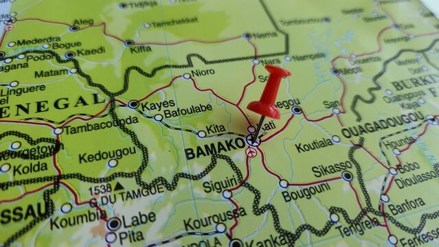 View of Bamako, Capital of Mali, on a geographical map of Africa, marked with red push pin