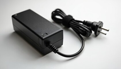 Black laptop charger with EU plug and cord isolated on white background. Power adapter for portable electronics and devices. Compact travel essential for mobile connectivity needs.