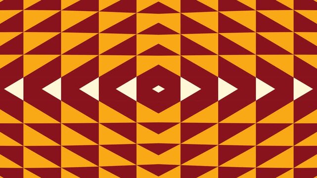 Geometric pattern of red and orange triangles on a white background, forming a symmetrical design with a central motif.