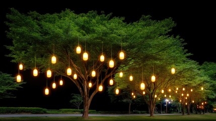 Naklejka premium Charming Night Scene with Illuminated Lanterns Hanging from Lush Green Trees in a Serene Outdoor Setting Perfect for Events or Romantic Gatherings