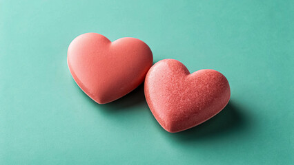 Obraz premium Two romantic coral pink heart shapes rest on teal surface backdrop