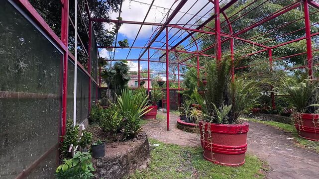 A structured red metal pavilion stands open to the sky, framing a landscaped garden filled with lush tropical plants, ferns, and leafy shrubs arranged in oversized red planters.