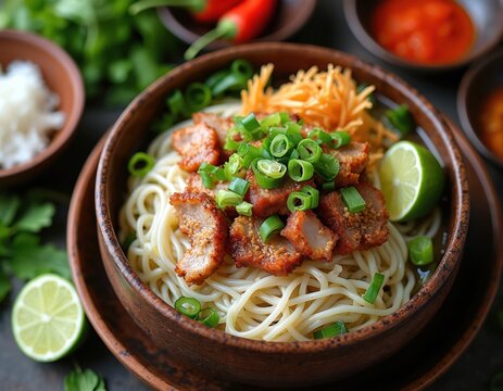 Close-up bowl of Hoi An noodles, Cao Lau, with pork slices, green onions, crispy bits. Served with lime wedges and fresh herbs, vibrant food presentation.