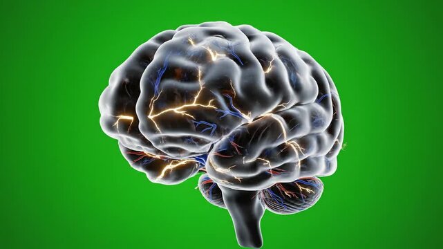 A detailed 3D render of a human brain with illuminated neural connections on a green screen background. Perfect for educational materials, medical presentations, and anatomy studies.