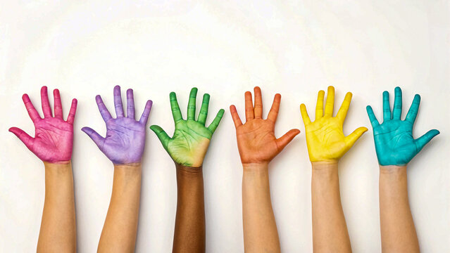 Diverse painted hands raised high showing vibrant colors against white backdrop