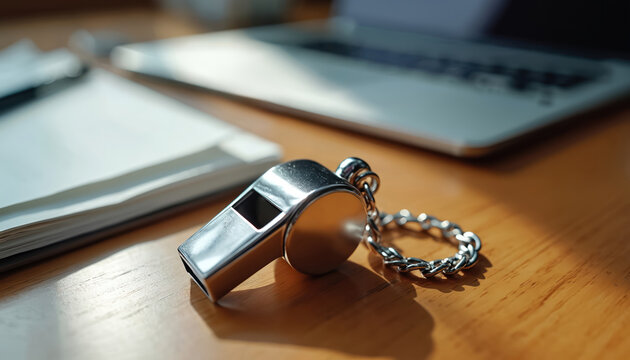 Silver whistle on a wooden desk near notebook and laptop. Symbol of speaking up against workplace injustice and revealing truth. Important tool for ethical conduct.