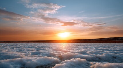 Beautiful Coastal Sunset Over Ocean Waves with White Foam and Dramatic Sky Filled with Clouds Reflecting Warm Colors of Dusk
