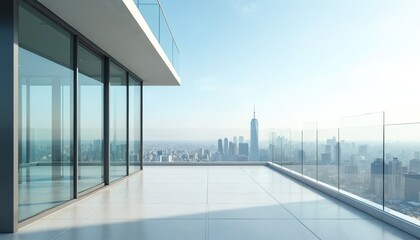 Naklejka premium Modern office balcony overlooks urban city skyline. Glass facade building provides expansive view of cityscape. Sunny day with clear blue sky.