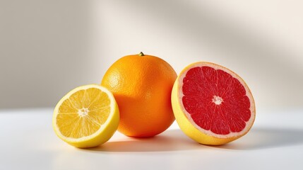Fototapeta premium Fresh Citrus Fruits on a Light Background with Orange, Lemon, and Grapefruit Slices for Healthy Eating and Recipe Inspiration