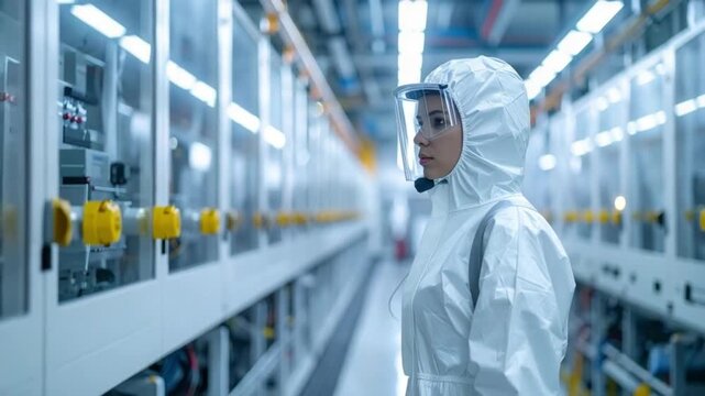 Scientist in Cleanroom Suit Inspecting Advanced Manufacturing Facility