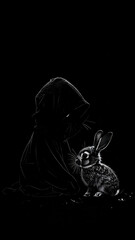 Mysterious Companionship: An evocative depiction of a robed figure kneeling beside a detailed rabbit, creating a sense of enigma and a profound connection.