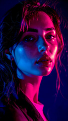 Neon Lit Portrait: Captivating portrait bathed in vibrant neon hues, showcasing delicate features in a mesmerizing dance of light and shadow, evoking a sense of modern beauty and artistic flair.