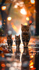 Cozy Cat Family Stroll: A heartwarming moment captures a mother cat and her two kittens on a reflective, rain-kissed path during the cozy ambiance of autumn, surrounded by soft, blurred lights.
